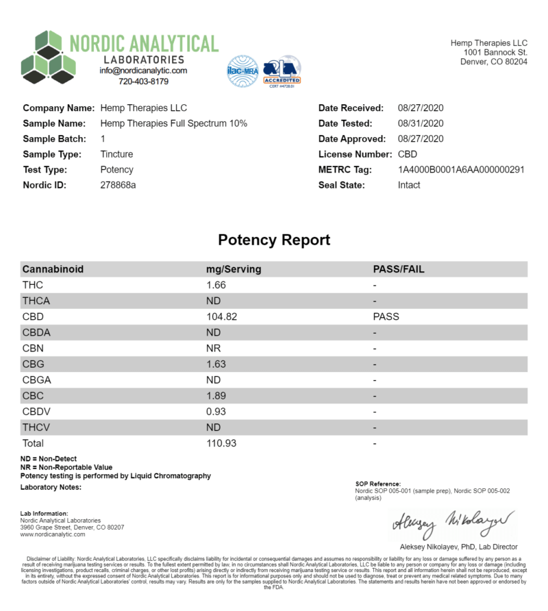 Third-party Certificate of analysis report confirming Potency levels.
