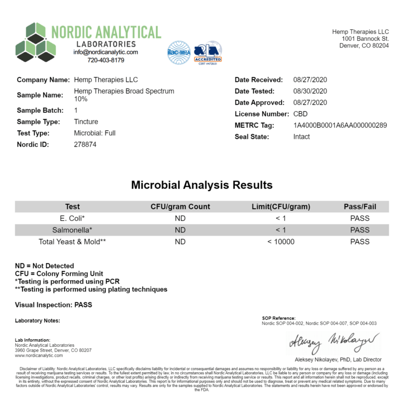 Third-party Certificate of analysis report confirming Microbial levels.