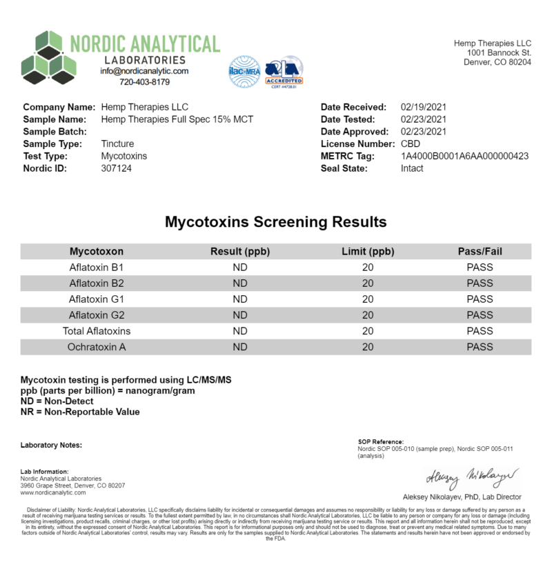Third-party Certificate of analysis report confirming Mycotoxins