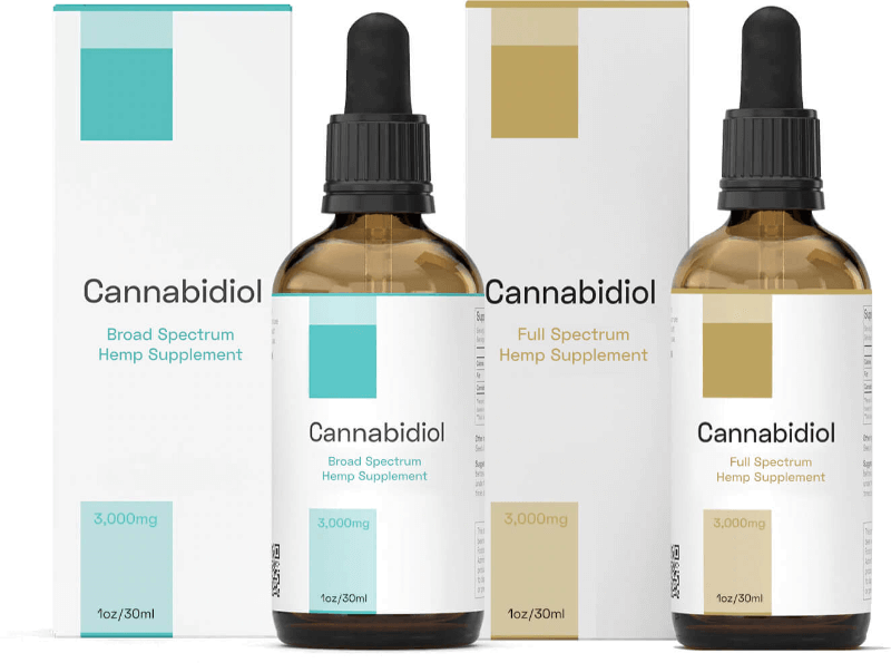 2 bottles of CBD with aqua on white and gold on white packaging sitting a marble bench top with grey background.