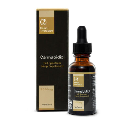 Hemp Therapies 1oz, 3,000mg bottle of CBD Oil with gold and black label and packaging on a white marble bench with grey background.