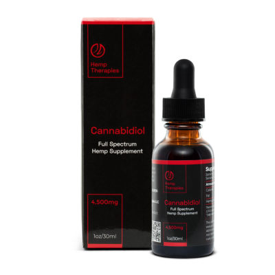 Hemp Therapies brand 1oz, 3,000mg bottle of CBD Oil with Red and Black label and outer box packaging on a white marble bench with grey background.