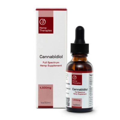 Hemp Therapies 1oz, 4,500mg bottle of CBD Oil with Red and white label and packaging on a white marble bench with grey background.