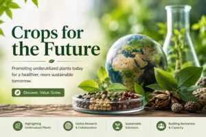 Sustainable agriculture landscape featuring diverse crops and industrial hemp growing in healthy farmland at sunrise, with researchers studying plants and renewable energy infrastructure in the background, representing the future of climate-resilient farming and underutilized crop