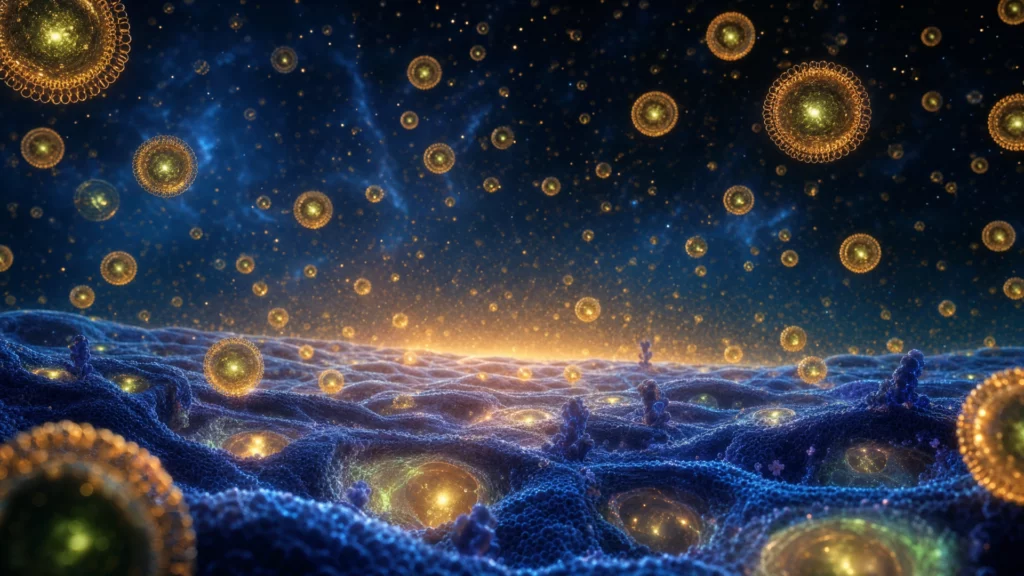 3D digital illustration of glowing liposomal CBD molecules floating above a blue cellular surface against a dark cosmic background.