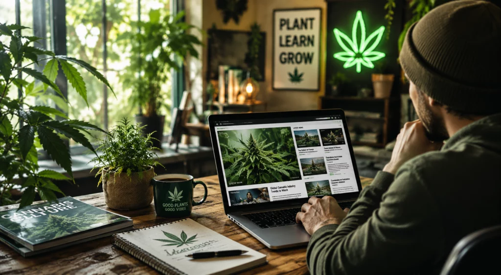 Cannabis industry news concept featuring a modern digital newsroom with journalists researching hemp, CBD and cannabis developments, surrounded by technology displays and media content representing the evolution of cannabis reporting and education.