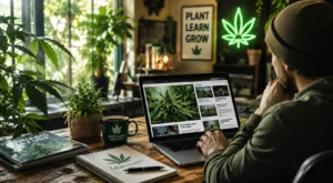 Cannabis industry news concept featuring a modern digital newsroom with journalists researching hemp, CBD and cannabis developments, surrounded by technology displays and media content representing the evolution of cannabis reporting and education.