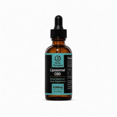 Hemp Therapies Liposomal CBD Broad Spectrum Hemp Supplement 9,000mg 2oz/60ml tincture bottle with aqua label accents.
