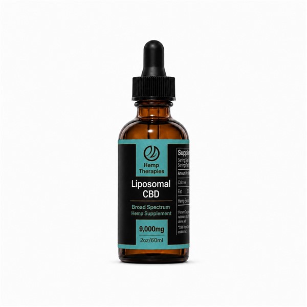 Hemp Therapies Liposomal CBD Broad Spectrum Hemp Supplement 9,000mg 2oz/60ml tincture bottle with aqua label accents.