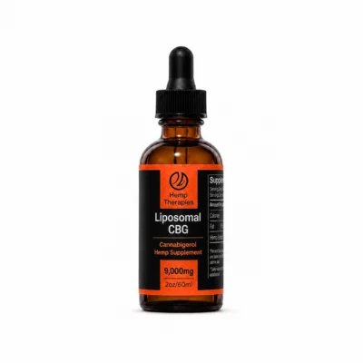 Hemp Therapies Liposomal CBG Cannabigerol Hemp Supplement 9,000mg 2oz/60ml tincture bottle with orange label accents.