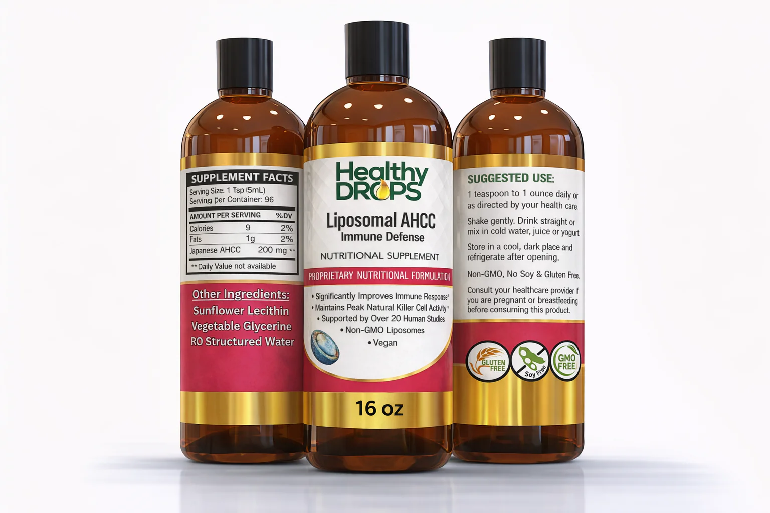 Liposomal AHCC liquid supplement in 16 oz bottle