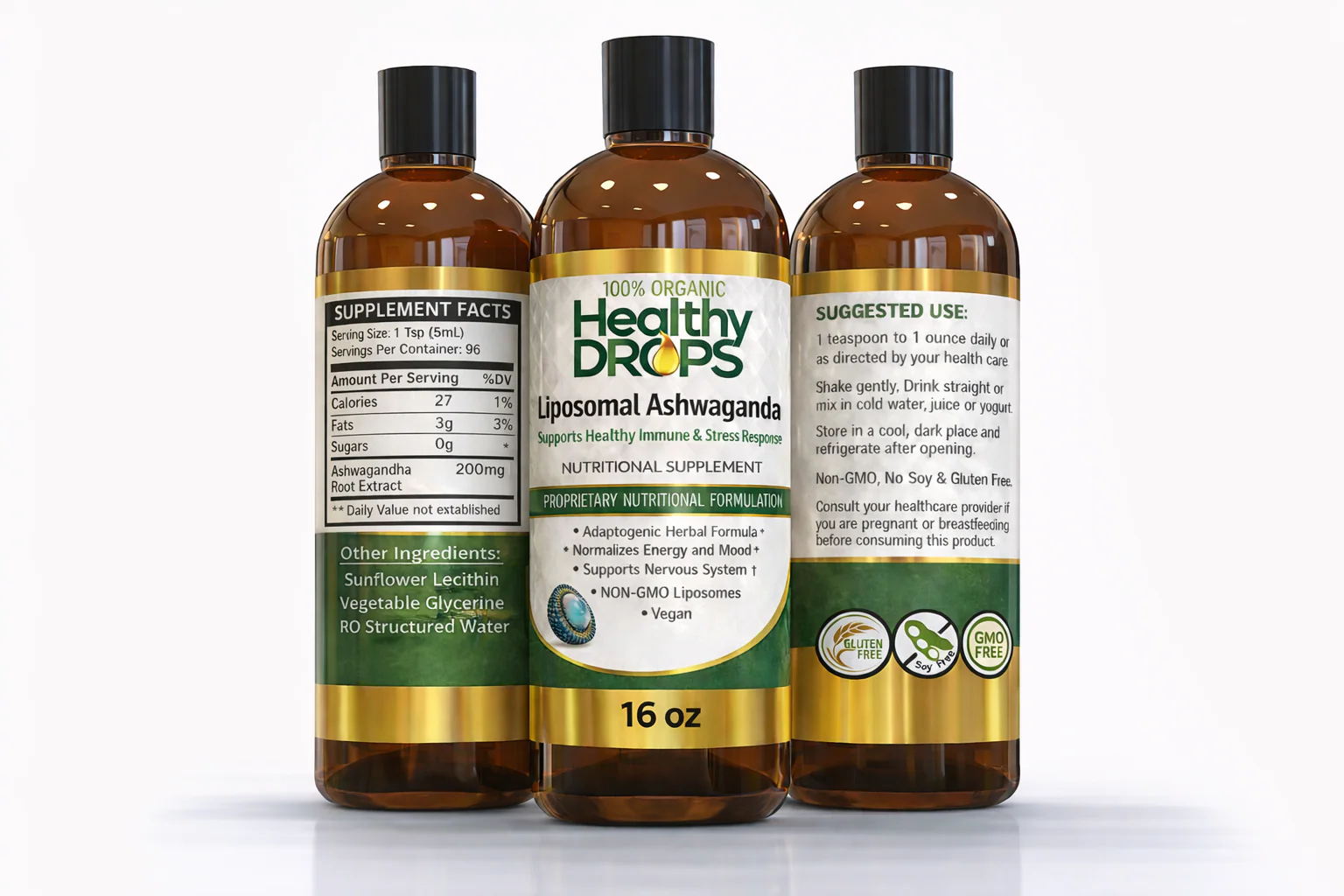 Liposomal ashwagandha liquid supplement in 16 oz bottle