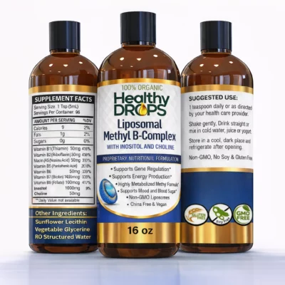 Liposomal methyl B-complex liquid supplement in 16 oz bottle