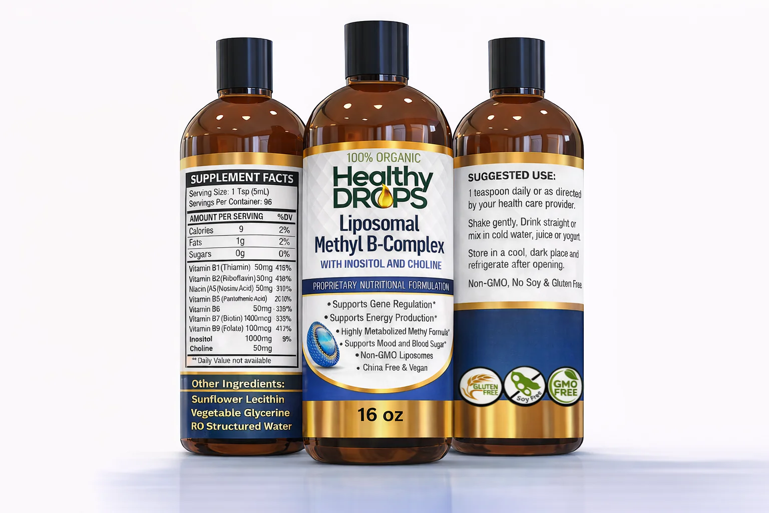Liposomal methyl B-complex liquid supplement in 16 oz bottle