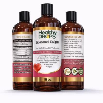 Liposomal CoQ10 liquid supplement in 16 oz bottle