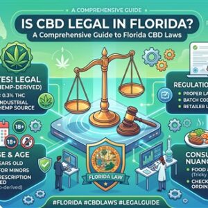 An infographic illustration titled "IS CBD LEGAL IN FLORIDA? A Comprehensive Guide to Florida CBD Laws." The image has a clean, modern digital art style with bright colors. It is organized into several distinct sections around a central scale of justice and a gavel.