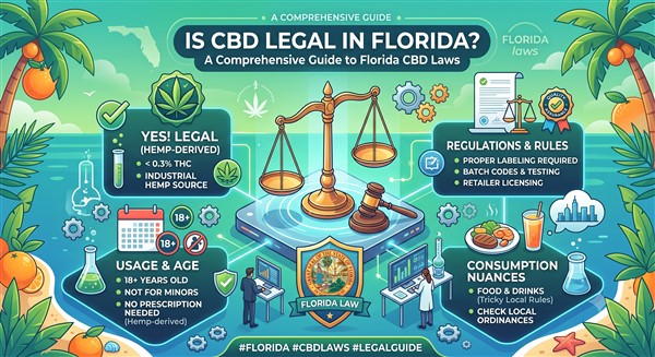 An infographic illustration titled "IS CBD LEGAL IN FLORIDA? A Comprehensive Guide to Florida CBD Laws." The image has a clean, modern digital art style with bright colors. It is organized into several distinct sections around a central scale of justice and a gavel.