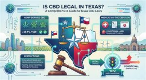 A modern infographic illustration for the blog title "Is CBD Legal in Texas? A Comprehensive Guide to Texas CBD Laws." The image features a stylized map of Texas with the Lone Star inside, surrounded by scales of justice and a judge's gavel.