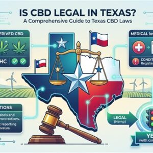 A modern infographic illustration for the blog title "Is CBD Legal in Texas? A Comprehensive Guide to Texas CBD Laws." The image features a stylized map of Texas with the Lone Star inside, surrounded by scales of justice and a judge's gavel.