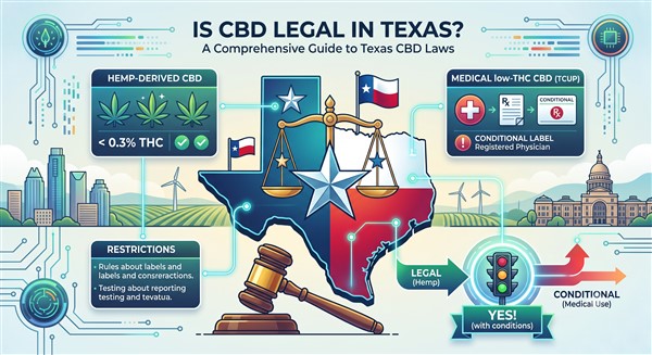 A modern infographic illustration for the blog title "Is CBD Legal in Texas? A Comprehensive Guide to Texas CBD Laws." The image features a stylized map of Texas with the Lone Star inside, surrounded by scales of justice and a judge's gavel.