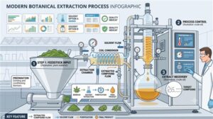 Infographic illustrating the step-by-step process of extracting CBD from raw hemp plants using modern laboratory equipment