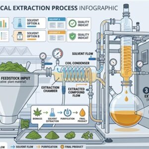 Infographic illustrating the step-by-step process of extracting CBD from raw hemp plants using modern laboratory equipment