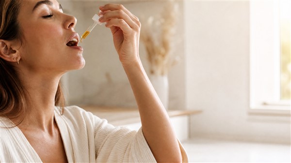 Woman placing CBD oil drops under her tongue using a glass dropper in a bright, modern home setting