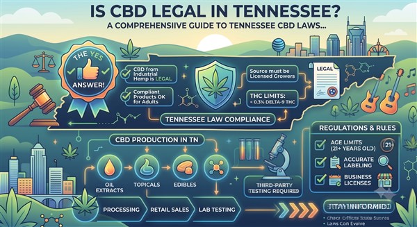 An infographic with a stylized Tennessee border asks "IS CBD LEGAL IN TENNESSEE?