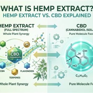 Illustration explaining the difference between hemp extract and CBD, including cannabinoids, terpenes, flavonoids, and CBD isolate.