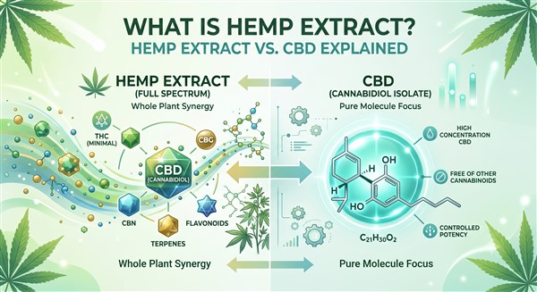 Illustration explaining the difference between hemp extract and CBD, including cannabinoids, terpenes, flavonoids, and CBD isolate.