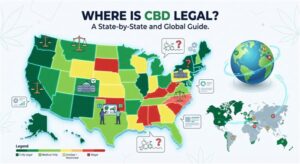 A modern vector infographic with the title "WHERE IS CBD LEGAL? A State-by-State and Global Guide