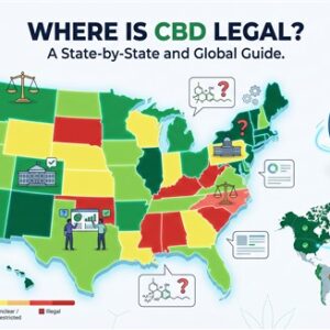 A modern vector infographic with the title "WHERE IS CBD LEGAL? A State-by-State and Global Guide