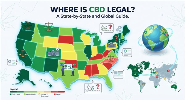A modern vector infographic with the title "WHERE IS CBD LEGAL? A State-by-State and Global Guide