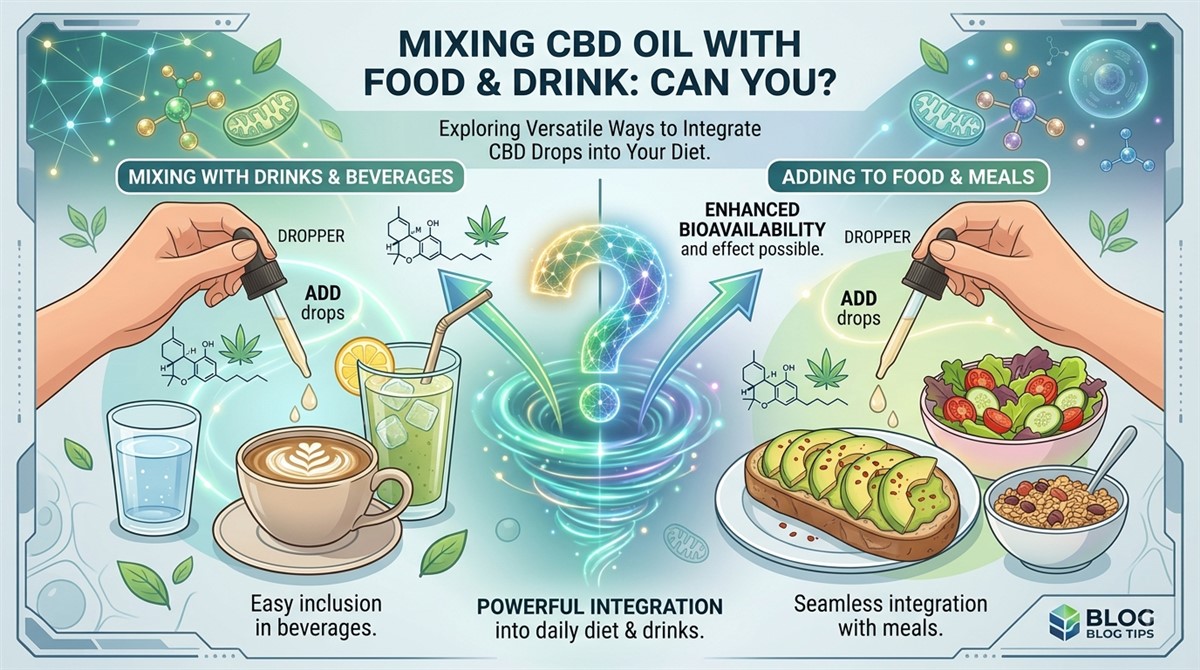Infographic titled Mixing CBD Oil with Food and Drink: Can You, exploring versatile ways to integrate CBD drops into your diet, showing two hands holding droppers on either side — the left adding drops to beverages including water, coffee, and an iced green drink for easy inclusion in beverages, and the right adding drops to meals including avocado toast, a salad, and a grain bowl for seamless integration with meals, with a central glowing question mark and arrows indicating enhanced bioavailability and powerful integration into daily diet and drinks.