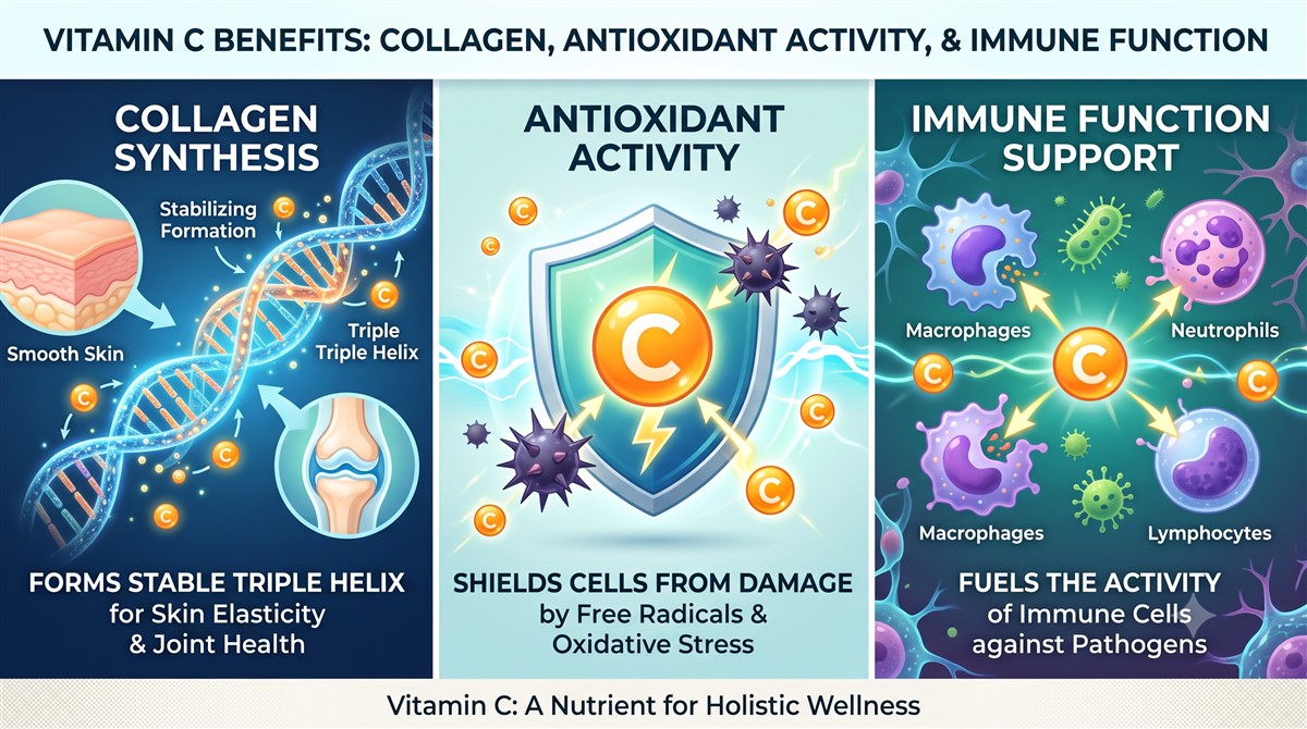 Infographic showing three key vitamin C benefits: collagen synthesis forming a stable triple helix for skin elasticity and joint health; antioxidant activity shielding cells from damage by free radicals and oxidative stress; and immune function support fuelling the activity of macrophages, neutrophils, and lymphocytes against pathogens.