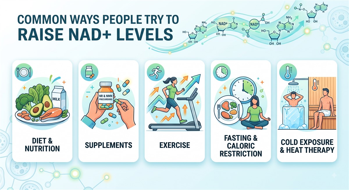 Infographic titled Common Ways People Try to Raise NAD+ Levels, showing five illustrated panels: diet and nutrition with whole foods, supplements including NR and NMN precursor bottles, exercise with a woman running on a treadmill, fasting and caloric restriction with a clock and a meal plate, and cold exposure and heat therapy with an ice bath and sauna.