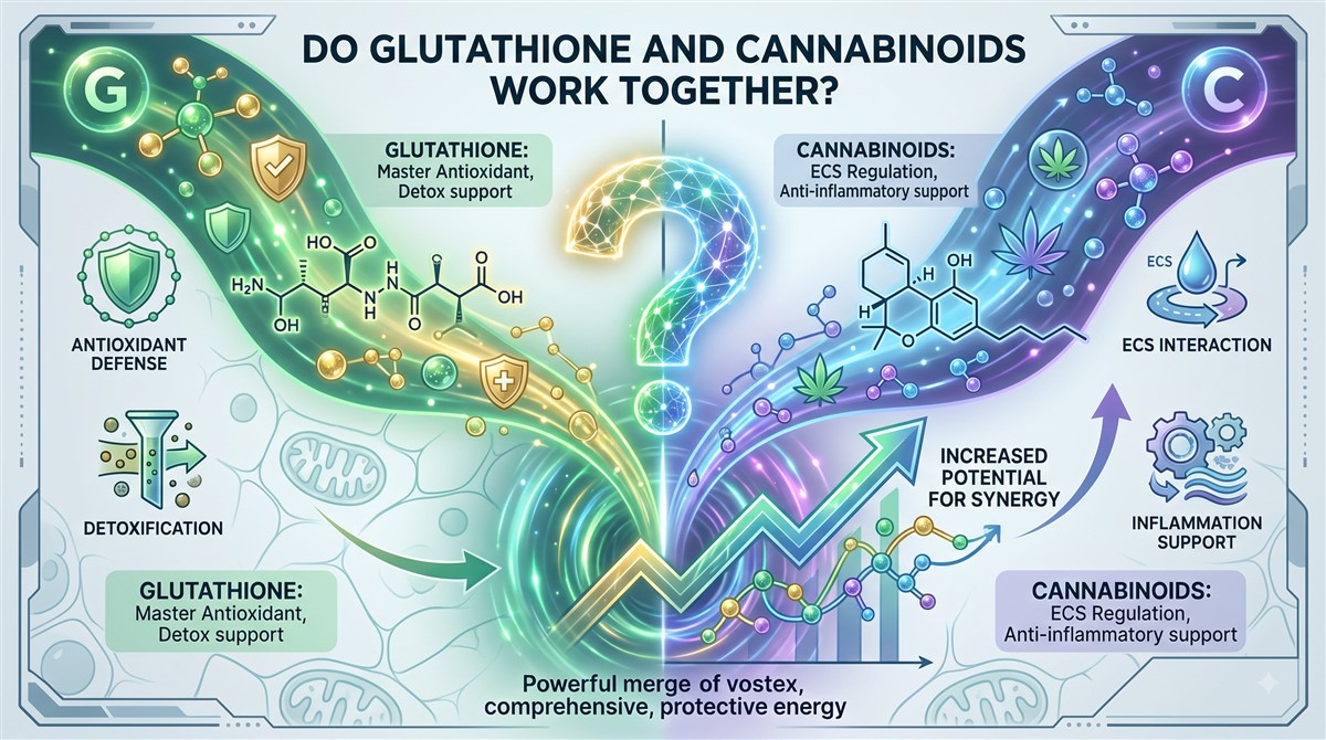 Infographic titled Do Glutathione and Cannabinoids Work Together, showing two converging energy streams — a green stream representing glutathione as master antioxidant with detox support, antioxidant defence, and detoxification functions, and a purple stream representing cannabinoids with ECS regulation, anti-inflammatory support, and ECS interaction — merging into a central question mark with an upward arrow indicating increased potential for synergy between the two compounds.