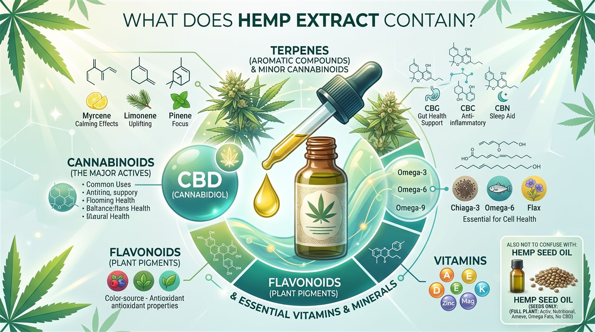 Infographic titled What Does Hemp Extract Contain, showing a central hemp extract dropper bottle surrounded by six labelled compound groups: cannabinoids including CBD cannabidiol as the major active with common uses for calming, blooming health, balance, and natural health; minor cannabinoids CBG for gut health support, CBC as anti-inflammatory, and CBN as a sleep aid; terpenes as aromatic compounds including myrcene for calming effects, limonene for uplifting, and pinene for focus; flavonoids as plant pigments with colour-source antioxidant properties; essential fatty acids including omega-3, omega-6, and omega-9 from chia, flax, and fish sources essential for cell health; and vitamins and minerals including A, D, E, K, zinc, and magnesium, with a note not to confuse hemp extract with hemp seed oil which contains no CBD.