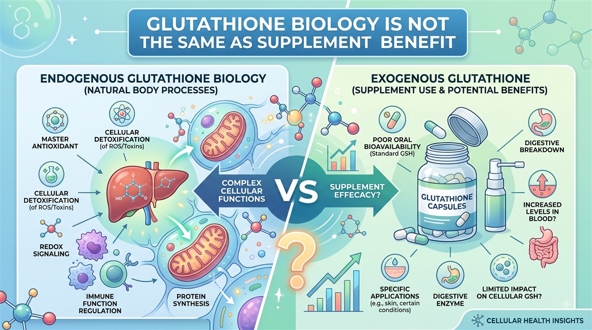 Comparison infographic titled Glutathione Biology Is Not the Same as Supplement Benefit, contrasting endogenous glutathione biology on the left showing natural body processes including master antioxidant function, cellular detoxification of ROS and toxins, redox signalling, immune function regulation, and protein synthesis around a liver illustration, versus exogenous glutathione on the right showing glutathione capsules and spray with challenges including poor oral bioavailability, digestive breakdown, limited impact on cellular GSH, and questions about increased blood levels and supplement efficacy.