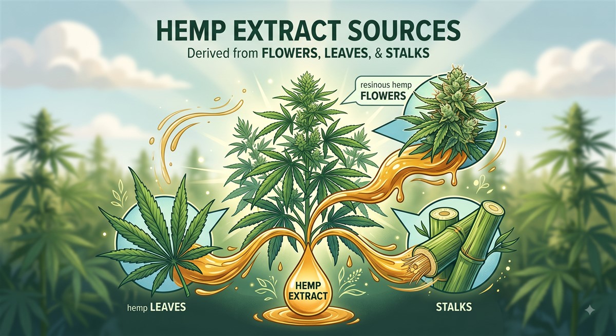 Illustrated infographic titled Hemp Extract Sources: Derived from Flowers, Leaves, and Stalks, showing a full hemp plant in the centre with golden hemp extract flowing from three labelled plant parts — resinous hemp flowers at the top right, hemp leaves on the left, and stalks on the right — all converging into a central golden hemp extract droplet at the base of the plant, set against a background of a hemp field under a blue sky.