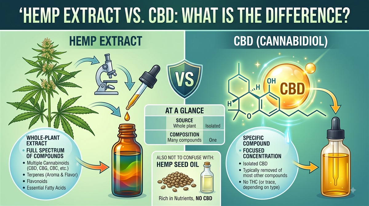 Comparison infographic titled Hemp Extract vs CBD: What Is the Difference, split into two sides with a VS shield in the centre: the left side shows hemp extract as a whole-plant extract containing a full spectrum of compounds including multiple cannabinoids such as CBD, CBG, and CBC, terpenes, flavonoids, and essential fatty acids; the right side shows CBD cannabidiol as a specific isolated compound with focused concentration, isolated CBD, and no THC or trace depending on type; an at-a-glance table in the centre compares source as whole plant versus isolated and composition as many compounds versus one, with a note not to confuse either with hemp seed oil which is rich in nutrients but contains no CBD.