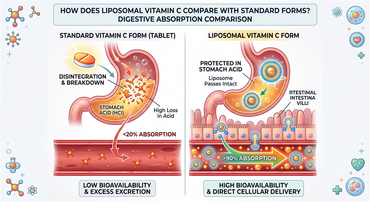 Side-by-side digestive absorption comparison infographic contrasting standard vitamin C tablets, which disintegrate in stomach acid (HCl) resulting in less than 20% absorption and low bioavailability, with liposomal vitamin C, which passes intact through stomach acid via intestinal villi to achieve greater than 90% absorption and high bioavailability with direct cellular delivery.