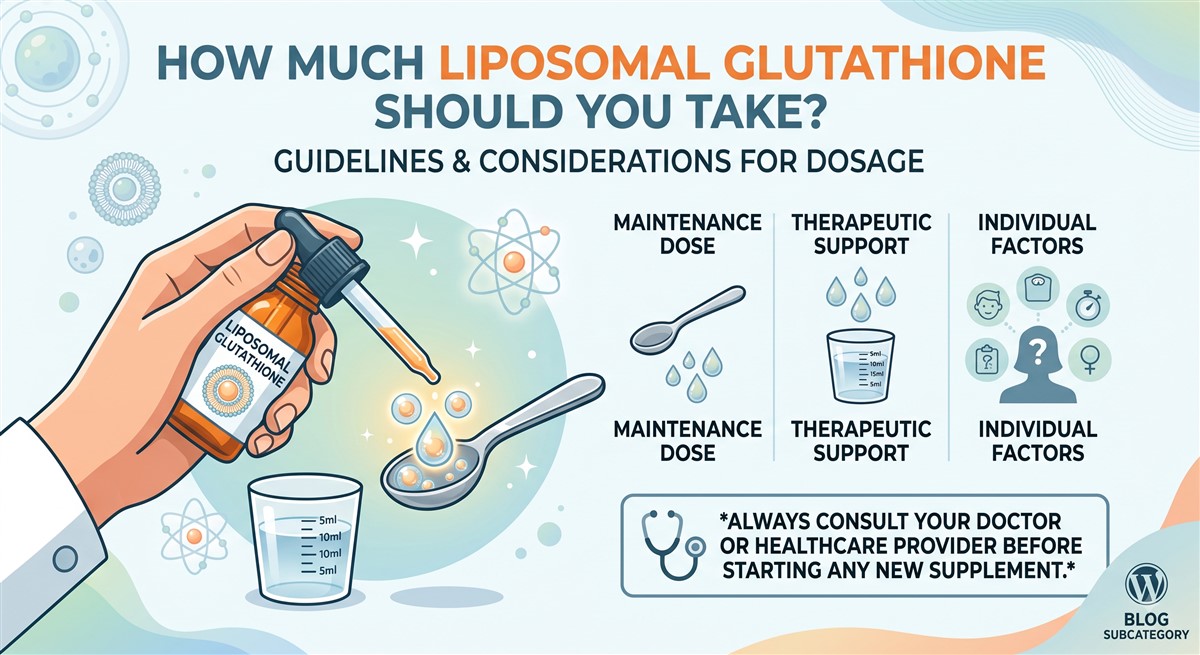 Dosage guide infographic titled How Much Liposomal Glutathione Should You Take, showing a hand holding a dropper bottle of liposomal glutathione dispensing drops onto a spoon, alongside a measuring cup, with three dosage considerations labelled: maintenance dose, therapeutic support, and individual factors including age, weight, and health status, with a disclaimer to always consult a doctor before starting any new supplement.