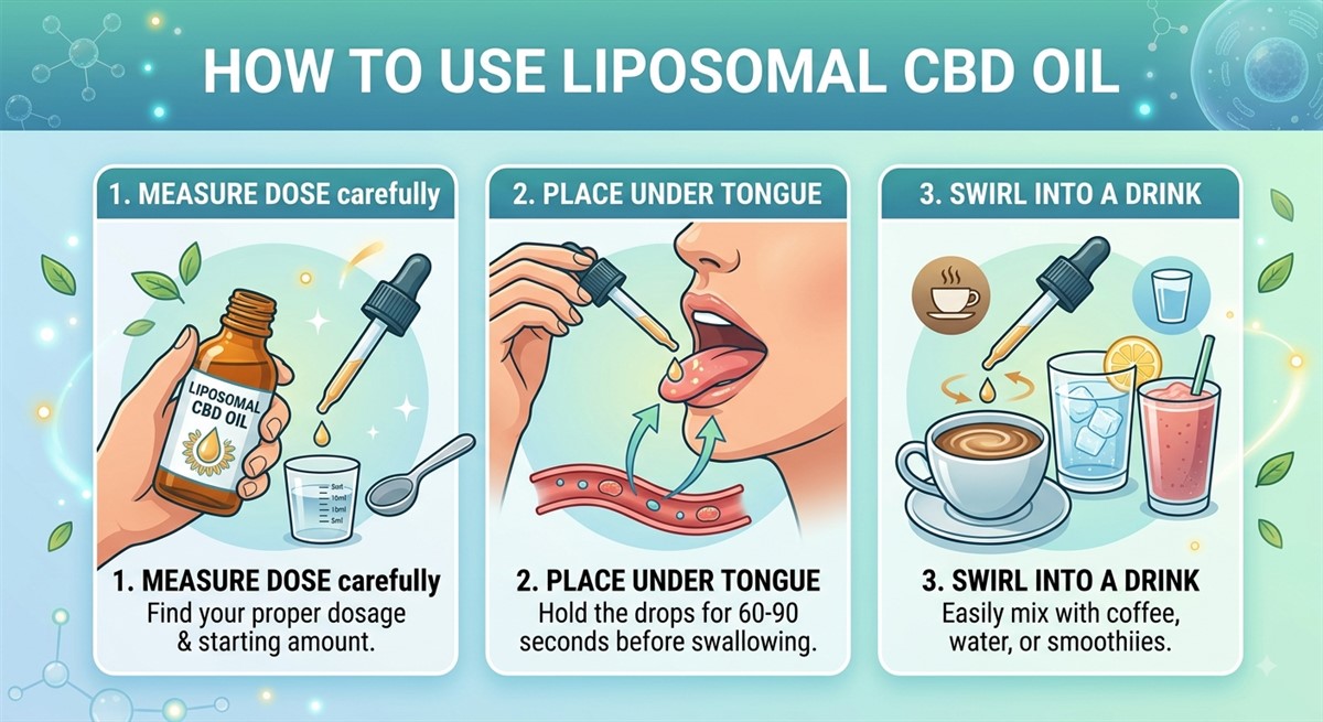 Step-by-step infographic titled How to Use Liposomal CBD Oil, showing three illustrated steps: step one measure dose carefully using a dropper bottle labelled Liposomal CBD Oil with a measuring spoon and cup; step two place under tongue and hold drops for 60 to 90 seconds before swallowing; step three swirl into a drink such as coffee, water, or a smoothie