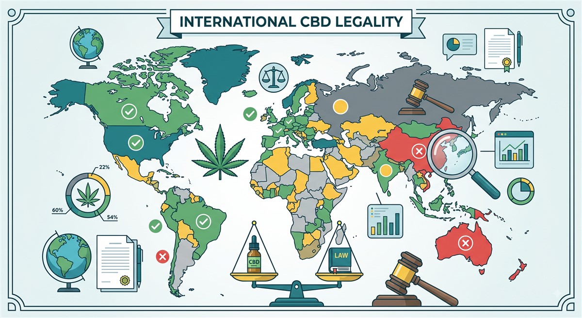 World map infographic titled “International CBD Legality,” with countries colour-coded in green, yellow, red, and grey to represent different legal statuses. Cannabis leaves, check marks, red X symbols, gavels, legal documents, data charts, and scales showing a CBD bottle balanced against a book labelled “Law” surround the map.