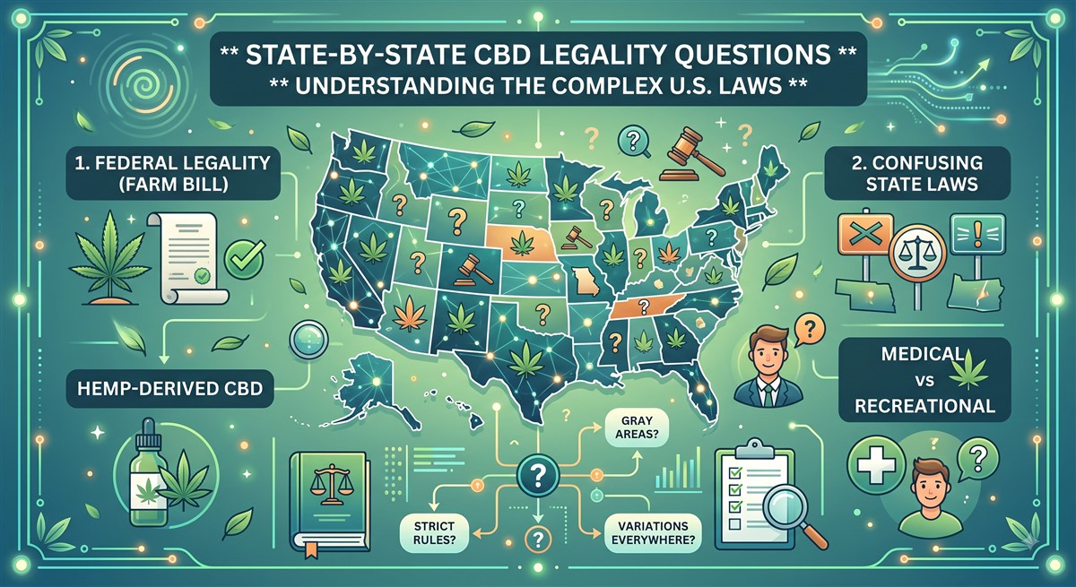U.S. map infographic titled “State-by-State CBD Legality Questions: Understanding the Complex U.S. Laws.” States are marked with cannabis leaves, question marks, gavels, and different colours to show varying rules. Surrounding panels highlight federal Farm Bill legality for hemp-derived CBD, confusing state laws, differences between medical and recreational use, grey areas, strict rules, and variations across states.