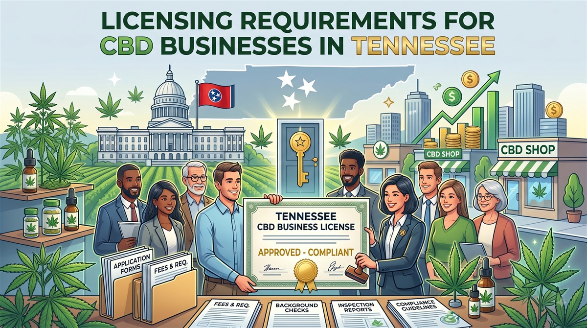 Illustration titled “Licensing Requirements for CBD Businesses in Tennessee,” showing a group of business owners receiving an approved Tennessee CBD business license from an official. Application forms, fees and requirements, background checks, inspection reports, compliance guidelines, CBD products, the Tennessee capitol, CBD shops, and an upward economic chart appear around them.