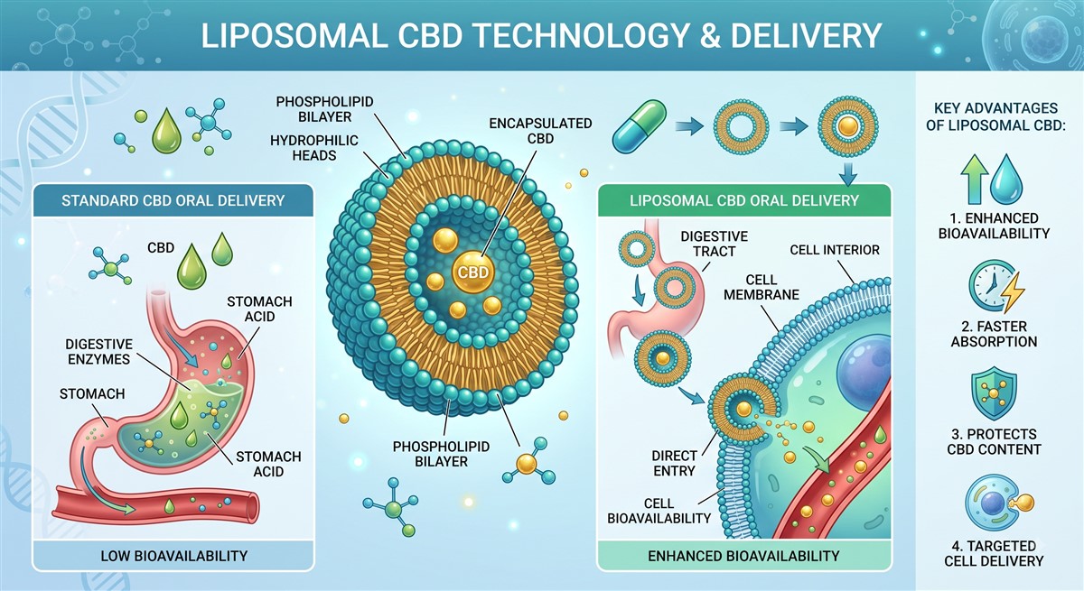 Scientific infographic titled Liposomal CBD Technology and Delivery, comparing standard CBD oral delivery on the left where CBD is broken down by stomach acid and digestive enzymes resulting in low bioavailability, with a central cross-section diagram of a liposome showing phospholipid bilayer, hydrophilic heads, and encapsulated CBD, and liposomal CBD oral delivery on the right showing direct entry through the digestive tract and cell membrane for enhanced bioavailability, with four key advantages listed: enhanced bioavailability, faster absorption, protects CBD content, and targeted cell delivery.