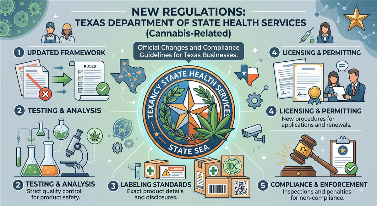Infographic titled “New Regulations: Texas Department of State Health Services (Cannabis-Related)” with a central Texas State Health Services seal featuring a cannabis leaf, surrounded by illustrated compliance areas: updated rules, laboratory testing and analysis, product labelling standards, licensing and permitting applications, and enforcement through inspections and penalties.