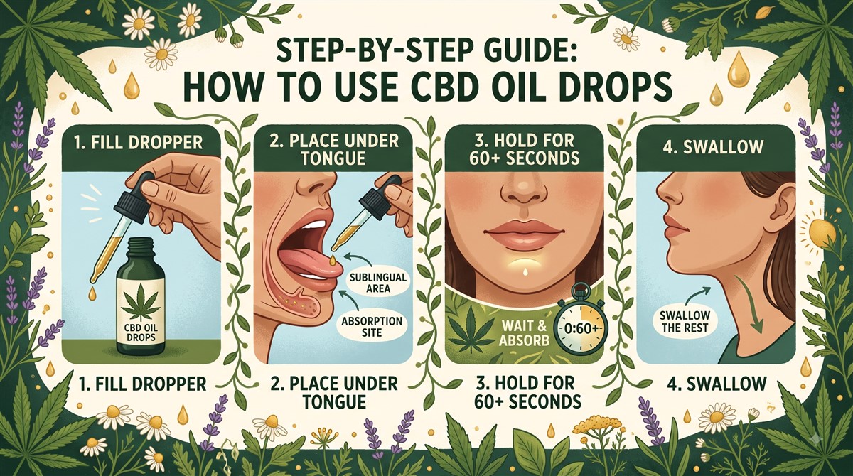 Step-by-step illustrated guide titled How to Use CBD Oil Drops, framed by cannabis leaves and wildflowers, showing four steps: step one fill dropper from a CBD oil drops bottle; step two place drops under the tongue at the sublingual area and absorption site; step three hold for 60 or more seconds while waiting to absorb using a stopwatch timer; step four swallow the rest.